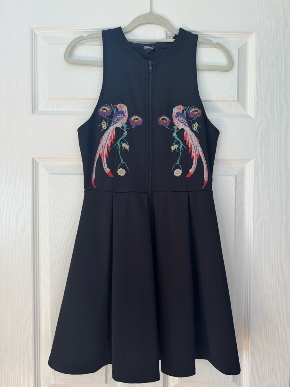 Buffalo David Bitton Black Fit-and-Flare Dress with Embroidered Parrots